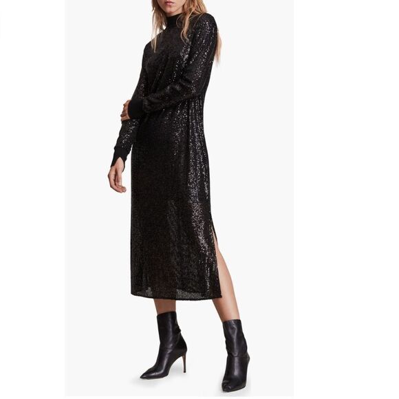 All Saints Sequin‎ Juela Midi Dress, Black, Cocktail Holiday Party, XS (0) NWT - Picture 2 of 9